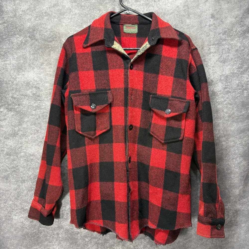 VTG 50s 60s Chippewa Woollen Mills Buffalo Plaid Button Up Shacket Red Black